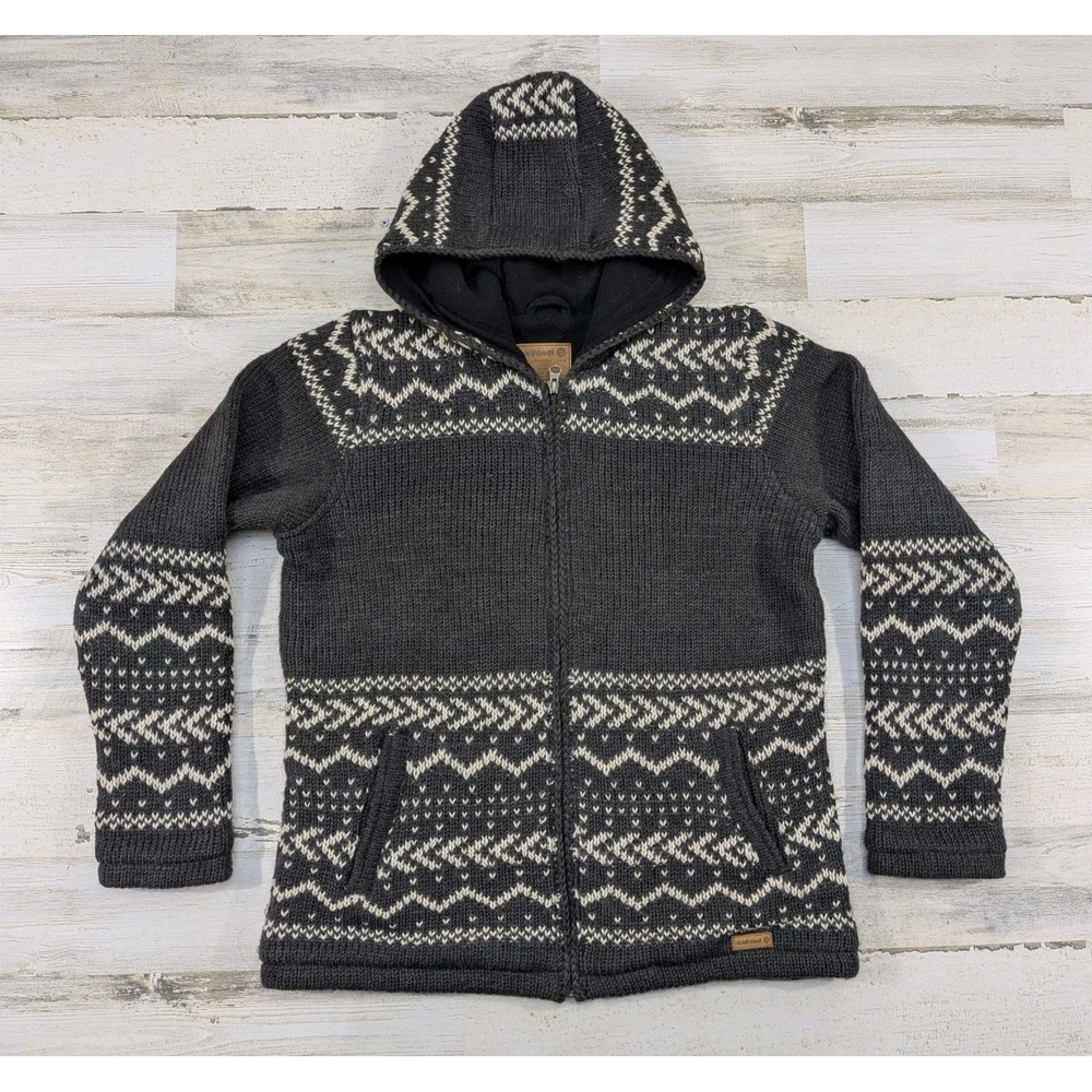 Laundromat Hoodie Sweater Womens Medium Handknit Wool Full Zip Fair Isle Lined